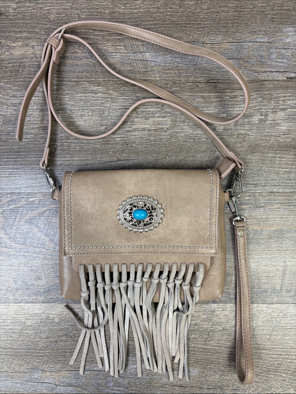 Countryside Co. Fringe Crossbody Wallet Taupe Western Wristlet Bag